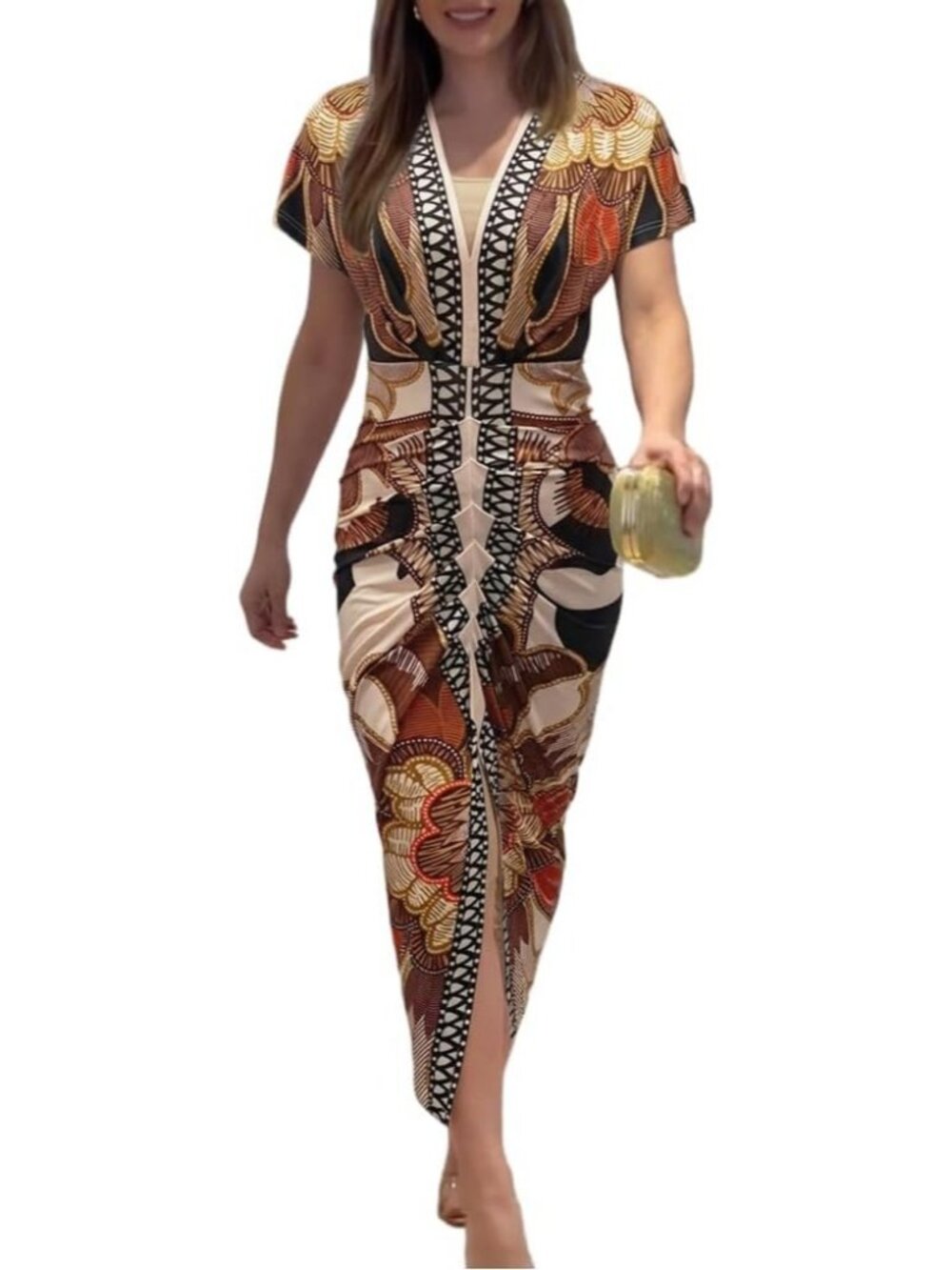 〽️Women's Printed Brown Plunge V Neck Ruched Summer Cocktail Slit Midi Dress